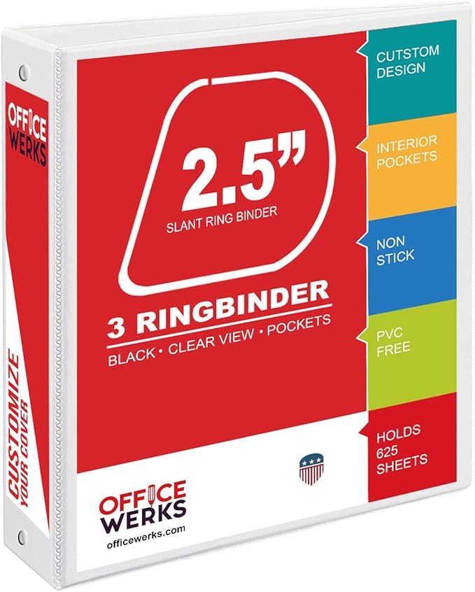 Office Werks 3 Ring Binder, Professional D Ring Binder 2.5 Inch, 12 Presentation Folder for Standard Pages 8.5 x 11 with Pockets, Crystal Clear View White Binder (12 Pack)
