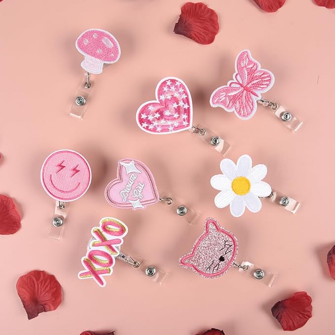 NACHLYNN 8 Pcs Valentine's Day Felt Retractable Badge Reels Cute Felt Nurse Badge Reel Holders Name ID Accessories with Retractable Cord for Teacher Student Nurses Gifts