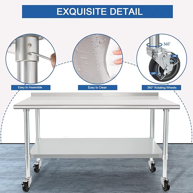 HARDURA Stainless Steel Table 24 x 72 Inches with Wheels Casters NSF Heavy Duty Commercial Prep Table with 2” Backsplash and Adjustable Undershelf for Restaurant Kitchen Home and Hotel
