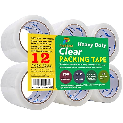 Packing Tape Refill Rolls Heavy Duty 12 Rolls Sealing Great for Packing Box Shipping and Moving Supplies Packaging 1.88" x 65 Yards 3" Core 2.7 Mil Thick
