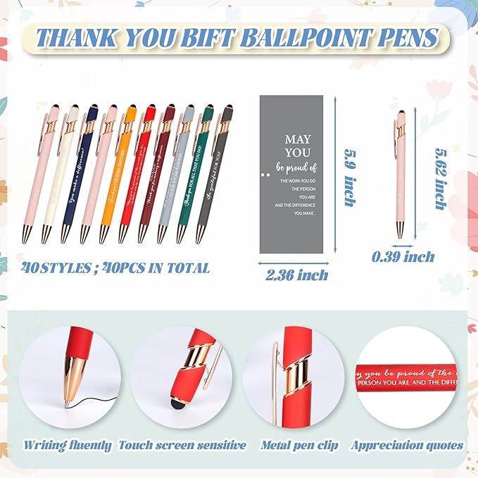 40 Set Employee Appreciation Ballpoint Pens with Inspirational Stylus Tips Cards Team Thank You for Coworkers Team Nurse Teacher Staff Favors
