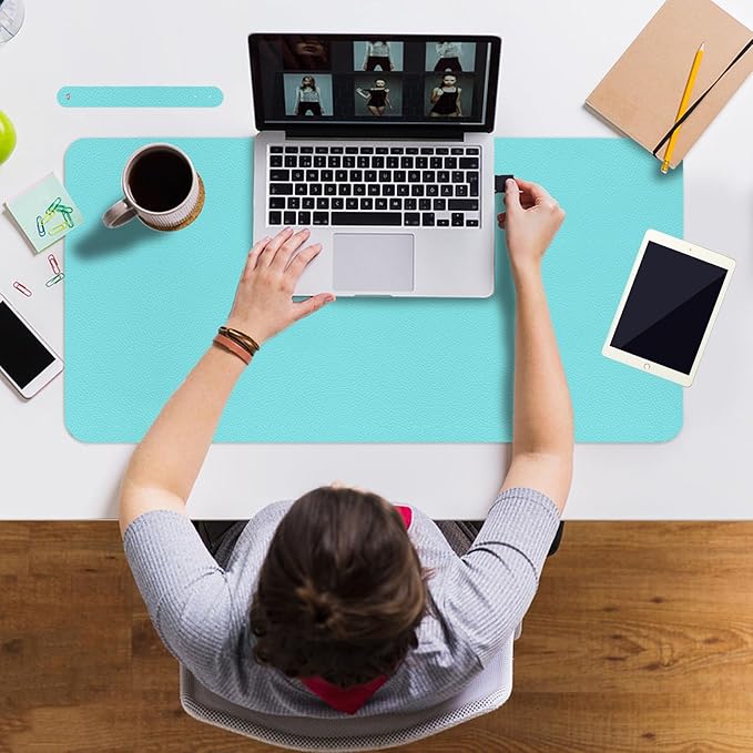 Boutilon Leather Mouse Pad,Extended Desk Pad for Keyboard and Mouse Non-Slip Study Desk Writing Pad Desktop Protector for Home Office Accessories,35"x 17"(L-Bright Blue)