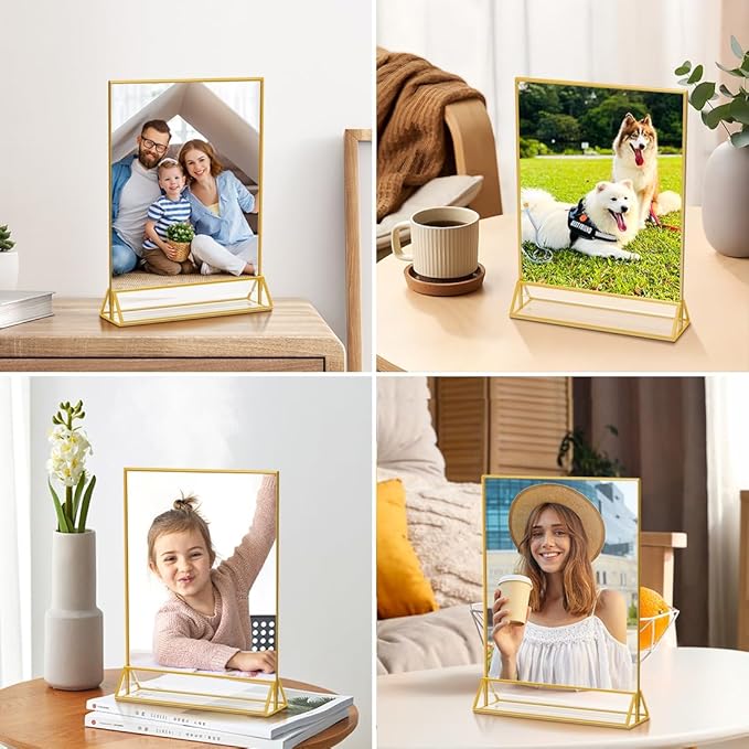 8X10 Gold Frames Double Sided Acrylic Sign Holder Tabletop Picture Frames Vertical Display Stand for Photos Wedding School Home ,Set of 6