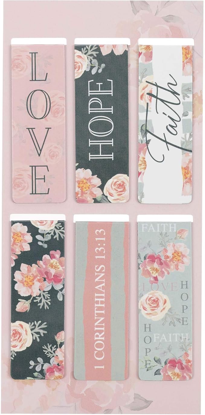 Christian Art Gifts Magnetic Scripture Bookmark Set for Men and Women: Faith, Hope, Love - 1 Corinthians 13:13 Inspirational Pink Rose Themed Magnetic Pagemarkers Set of 6 for Bibles, Size 2.3" x 0.8"