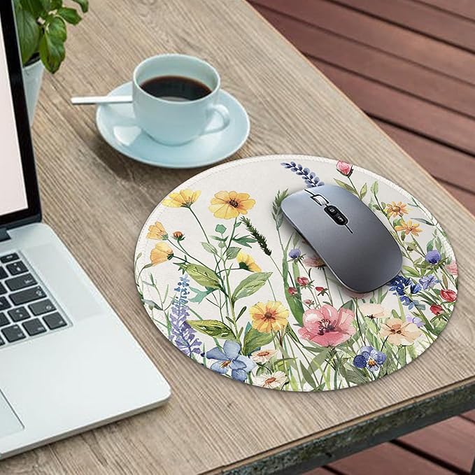 Gctriki Flowers Plants Mouse Pads for Desk,Cute Floral Small Round Mousepad with Stitched Edge Non-Slip Rubber Base,Comfortable Computer Mouse Pad for Laptop, Cute Office Desk Accessories Decor