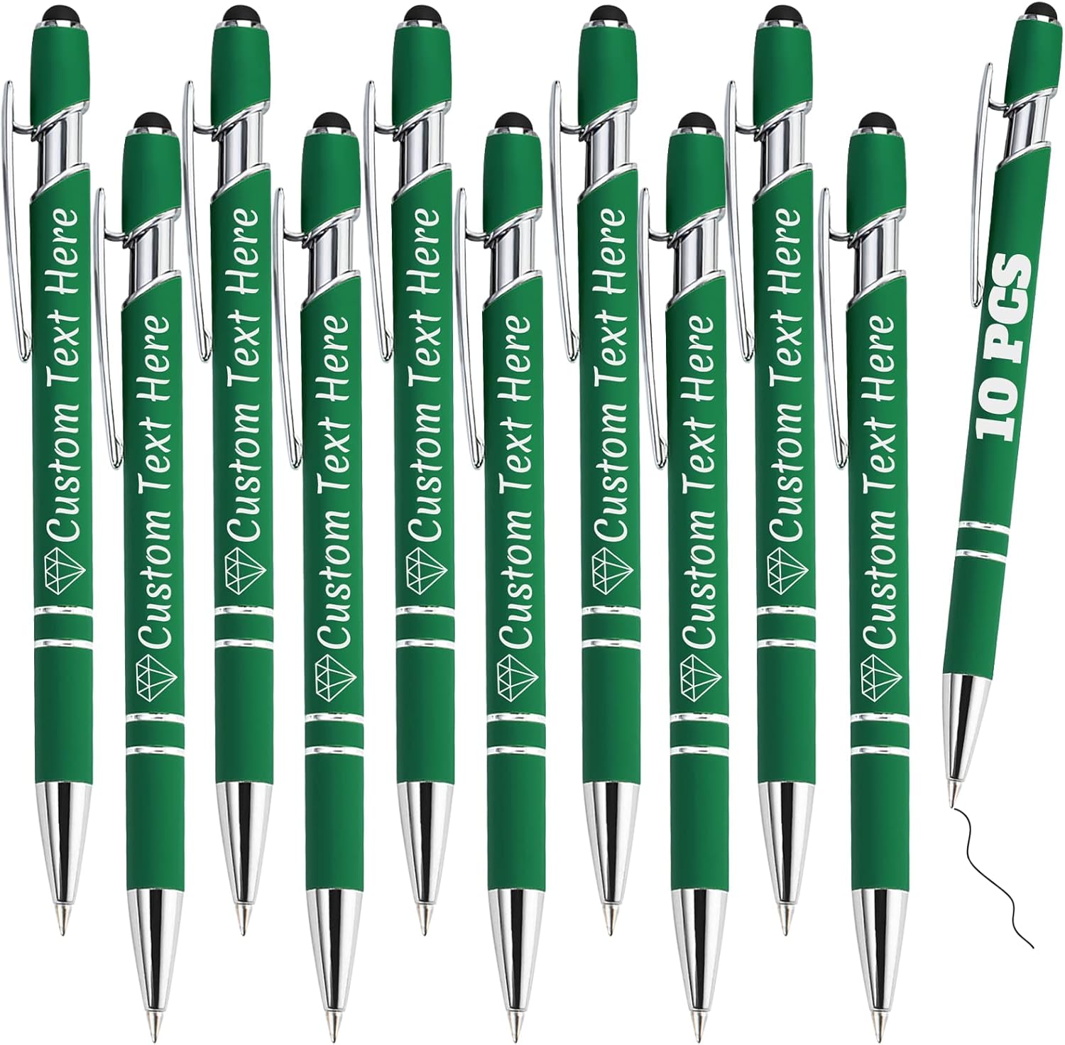 Personalized Pens Bulk 10 with Name Custom Engraving Ballpoint Pens with Stylus Tip Customized Smooth Writing Pens Personalized Gifts for Anniversary Birthday or Graduation(Dark Green,Black Ink)