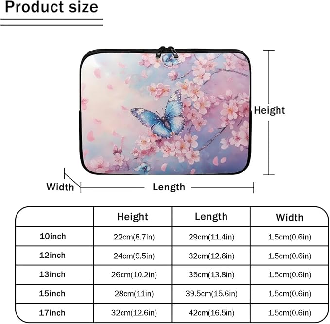 Butterfly Print Laptop Bag for Girls, 15 Inch Peach Blossom Laptop Sleeve Soft Laptop Case Bag for Girls, Waterproof Laptop Briefcase Computer Bag with Zipper