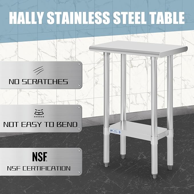 Hally Stainless Steel Table for Prep & Work 14 x 24 Inches, NSF Commercial Heavy Duty Table with Undershelf and Galvanized Legs for Restaurant, Home and Hotel