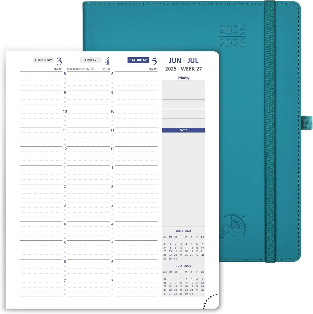 POPRUN Weekly Planner 2025-2026, 7.25'' x 8.5'', 15-Minute Hourly Appointment Book (July 2025-June 2026) with PU Leather Softcover, Monthly Tabs, Inner Pocket - Pacific Green