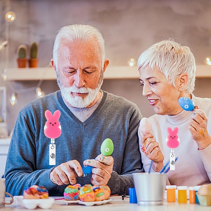 Easter Badge Reels Nurse Badge Reel,Funny Badge Reel,Cute Pink Bunny ID Name Badge Holder Full Cover Retractable Acrylic Clips for Office Teacher Student Nurse Doctor