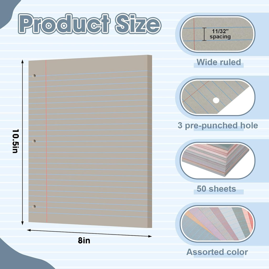 PerKoop 12 Pack 600 Sheets Colored Lined Paper Bulk Wide Ruled 8 x 10.5 Inches, Pastel Loose Leaf Notebook Paper 3 Hole Punched Filler for Back School Classroom Supplies(Retro Color)