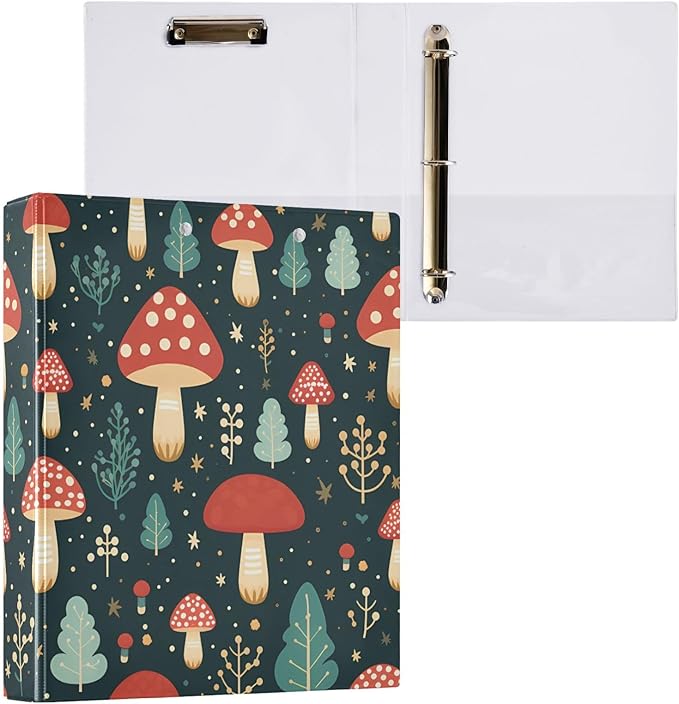Cute Mushroom Red 3 Ring Binders with Clipboard File Folder for Office School with Pocket, 2 Pack, E01W24021