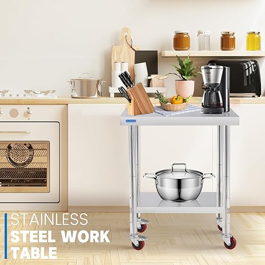 Stainless Steel Table for Prep & Work with Undershelf 24 x 24 Inches NSF Metal Commercial Kitchen Prep Table with Adjustable Under Shelf Worktable for Restaurant Home Outdoor