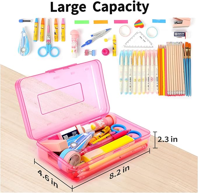Sooez 3 Pack Pencil Case, Large Pencil Box Case, Clear Crayon Marker Box Bulk, Hard Plastic School Supplies with Snap-tight Lid, Stackable Storage Container Art Craft Organizer for Bead Pens
