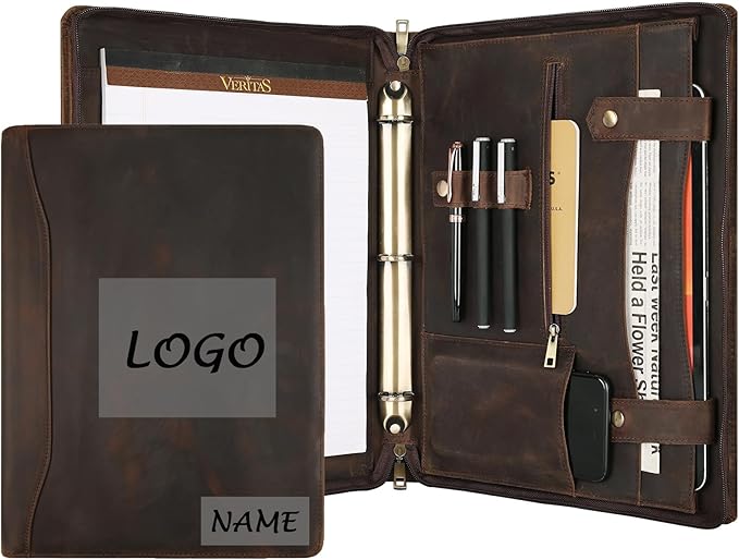 Portfolio Binder 3 Ring, Leather Binder Portfolio Folder for Left-Handed, Zippered Portfolio Padfolio Binder for Women, Leather Portfolio Organizer for Men (Dark Khaki, Custom)