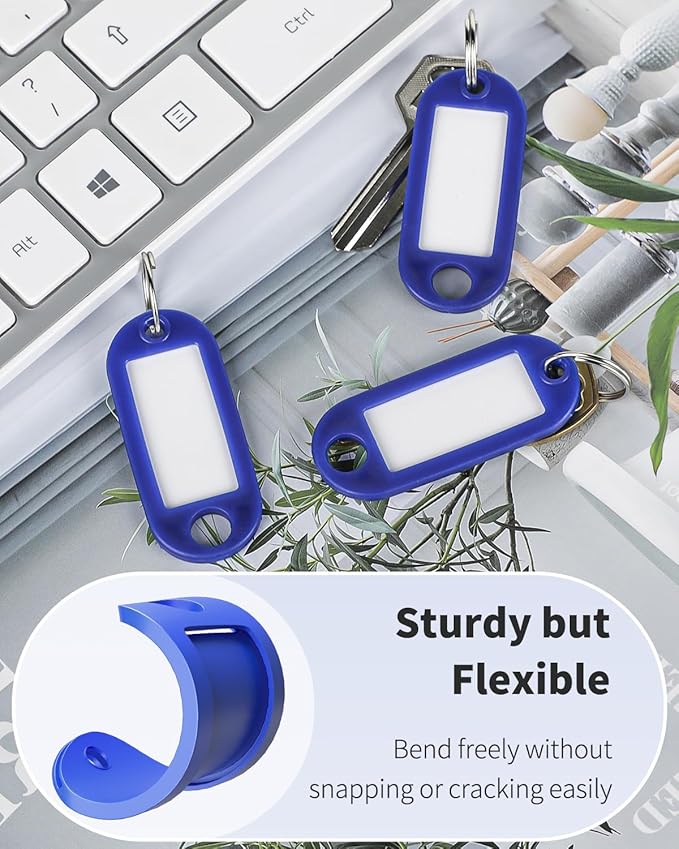 Uniclife 10 Pieces Key Tags 2 Inch Soft Plastic Key Chain Tags with Blank Paper Labels Clear Windows Protective Films and Split Rings Flexible Item Identifiers, Blue
