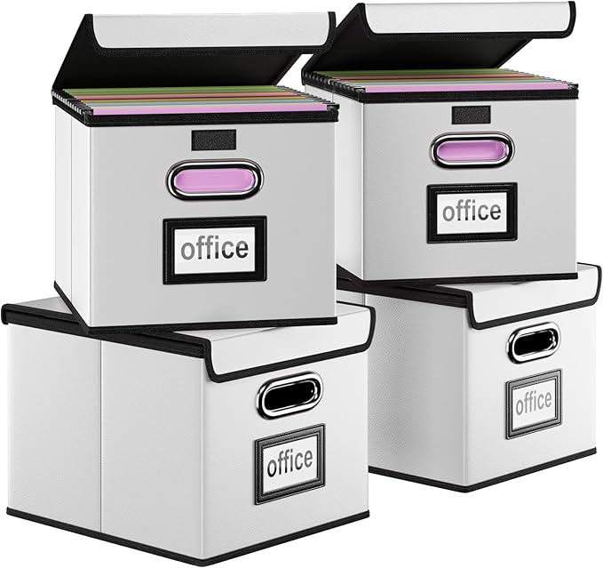 Huolewa Upgraded Portable Leather File Organizer Boxes with Lids, Office Document Boxes Organizer, Filing Boxes, Decorative Small File Boxes for Hanging Files, File Cabinet for Office/Home - 4 Pack