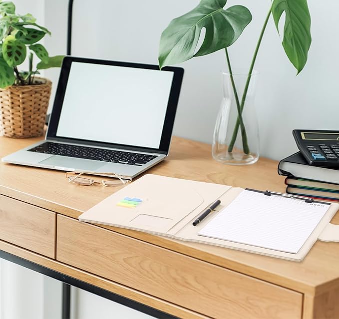 Clipboard Folder Folder DIN A4,All-in-One Business Leather Document Clip Board with Magnetic Cover,Conference Folder Document Organizer with Papers,Sticky Tabs,Pen,Work Folio for Women & Man,Beige