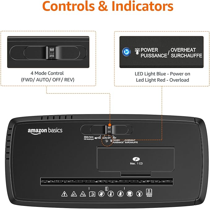Amazon Basics 8-Sheet Strip Cut Paper, CD, and Credit Card Shredder, 3.4 gallons, Black
