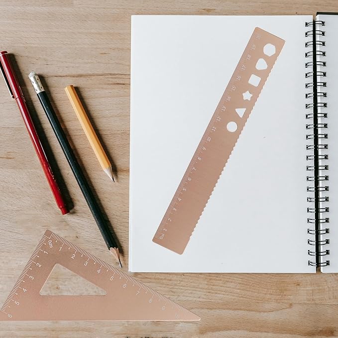 5 Pcs Metal Geometry Set, Math Drafting Ruler Kit- Aluminum Triangle Rulers, Protractor, 8 Inch and 6 Inch Drawing Ruler, Measuring Tool for School and Office (Metric and Inch, Gold)