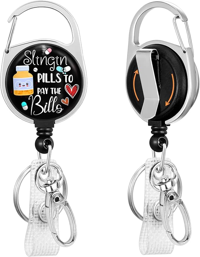 Pharmacy Technician Badge Reel Retractable Heavy Duty with 360°Swivel Carabiner Clip, Pharmacist Pill ID Badge Holder Retractable, Nurse Doctor ID Card Holder Retractable Keychain Name Badge Clip
