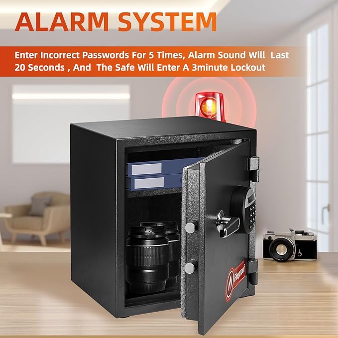 1.6 Cubic Feet Fireproof Safe Box, Fireproof Home Safe for Money, Jewelry, Documents and Valuables W/Digital Keypad,Alarm System,Removable Shelf Safe, Home and Office Use Fireproof Document Box