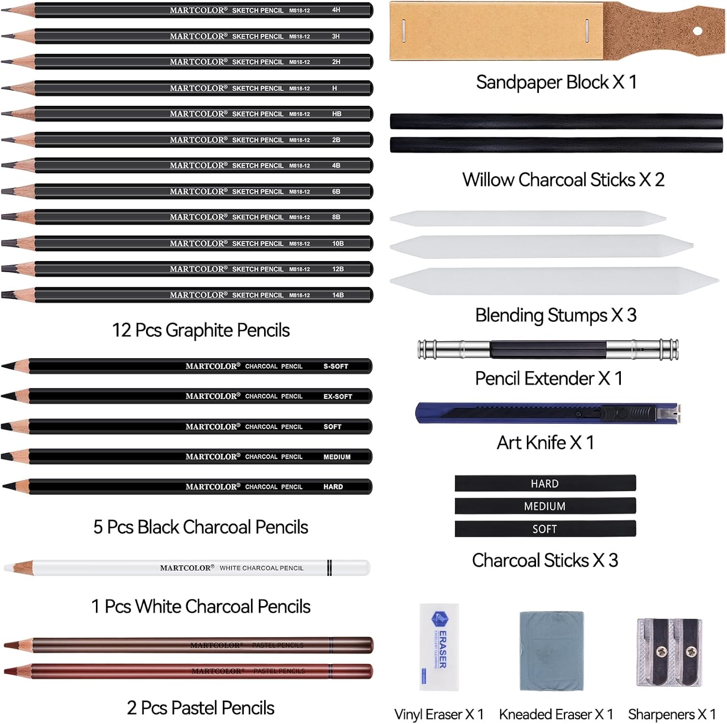 Drawing Sketching Pencils Set, 34 Pieces Pro Art Pencil Kit - Graphite Pencils (14B-4H), Charcoal Pencils, Charcoal Sticks, Artist Pencils for Beginners & Pro Artists