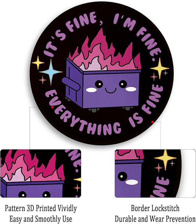 Gctriki Dumpster on Fire Mouse Pad, Cute Round Mouse Pads for Desk, Funny Purple Dumpster Mousepad for Laptop Gaming, Stitched Edge Non-Slip Rubber Base, Cute Office Desk Accessories Decor for Women