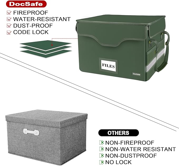 DocSafe File Box Fireproof Document Box with Lock,File Storage Organizer Box with Mesh Inserts＆Zipper Lid,Collapsible Portable File Box Home Office File Cabinet with Handle for Hanging Folders,Green