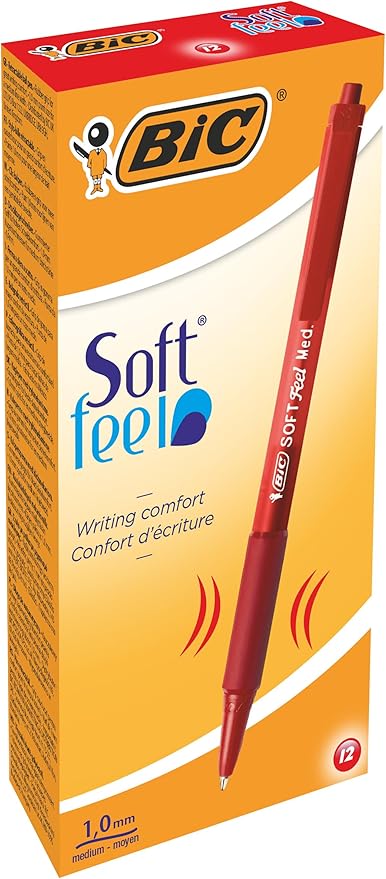 BIC Soft Feel Red Retractable Ballpoint Pens, Medium Point (1.0mm), 12-Count Pack, Red Pens With Soft-Touch Comfort Grip