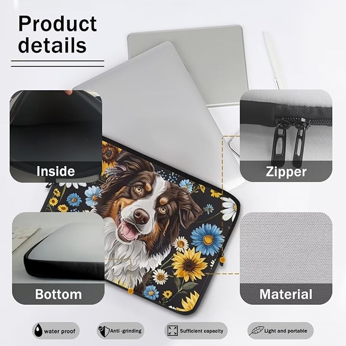 Bernese Mountain Dog Printed Computer Bags for Laptops, Sunflower Daisy Printed 13 Inch Laptop Bag Laptop Briefcase Travel Case for Women Men Teens, Compatible with Most Laptops