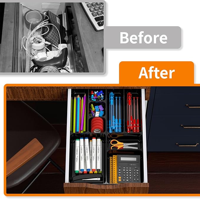 25 pc Plastic Drawer Organizer Set,4 Size Small Storage Containers for Organizing Jewelry,Utensil,Junk,Tea,Makeup,Shallow Drawer Organizers Tray Suitable for Office,Desk,Bathroom,Vanity,Kitchen,Black