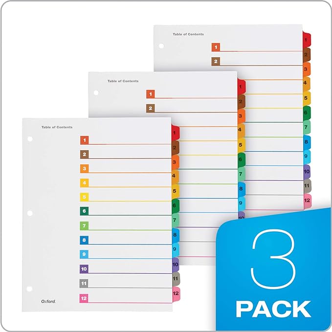 Oxford OneStep Binder Dividers, 12 Tab Numeric Divider Sets, Customizable Table of Contents, Works with 3 Ring Binder, Durable Plastic, Reversible Multicolor Tabs, Numbered 1–12, 3 Sets (89403)