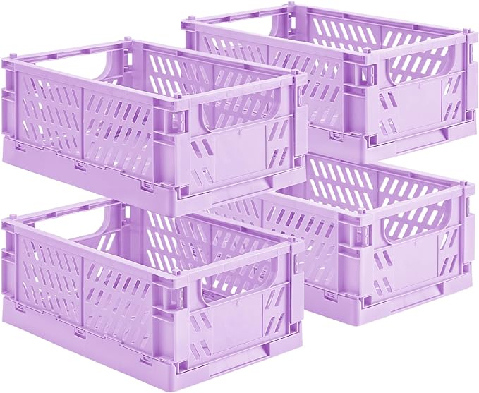 4-Pack Small Pastel Plastic Storage Baskets, Collapsible Crates for Organizing, Space-Saving Mini Bins for Classroom, Kitchen, Office, Bedroom (Purple, 9.8" x 6.5" x 3.8")