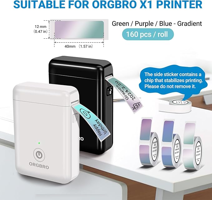 ORGBRO X1 Label Maker Tape, Genuine Thermal Label Print Paper 0.47"×1.57"(12×40mm), Standard Laminated Office Labeling Tape Replacement, 160 Tapes/Roll, 3-Roll, Gradient