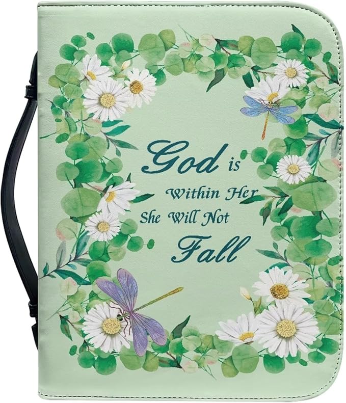 Lotusorchid Bible Book Cover for Women, Large Bible Cover Case with Verse, Sturdy Zippered Bible Carrying Case with Handle Pocket Portable Bible Bag for Bible Study, Green,XL