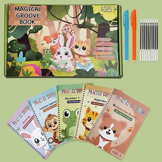 Magic Grooved Practice Copybook 5 Pack with Pens, Groove Reusable Magical Handwriting Workbooks, Tracing Letters Numbers, Math, Kindergarten Sight Words for Kids Ages 3-8 for Preschool(5books+Pens）