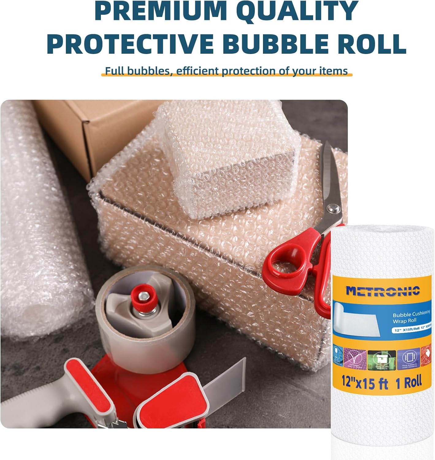 Metronic Bubble Cushioning Wrap 1 Pack 12 Inch x 15ft Total, Dense Bubble Packing Air Wrap Clear Bubble Packing Roll for Shipping and Moving Supplies