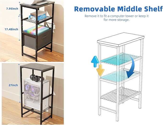 Printer Stand with Drawer Storage, 3 Tier - Heavy Duty Metal Shelving Unit with Wood Desktop, Industrial Printer Side Table with Wheels for Scanner Fax Machine, Black