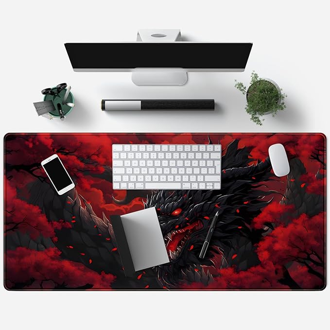 Huge Dragon Large Mouse Pad Red and Black Mousepad Red Desk Mat, Big Full Keyboard and Mouse Pad Cool Desk Pad for Keyboard Mouse with Stitched Edges Anti-Slip Funny Desk Pad, 31.5 X 15.8 in.