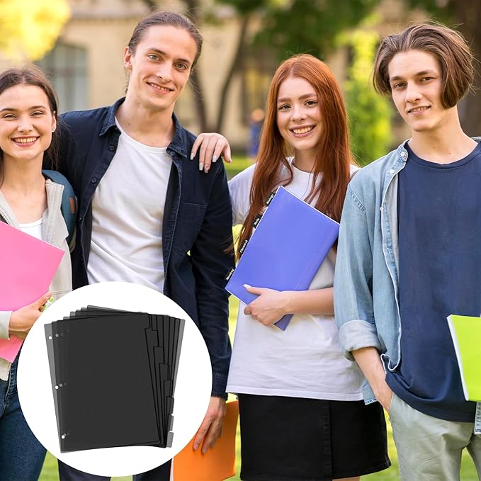 Black Binder Dividers, 8-Tab Sturdy Plastic Dividers, Binder Dividers with Tabs, Black 3-Ring Binder Plastic Divider Set, Aesthetic Dividers for Binder, Suitable for Notebooks and Binders(Black)