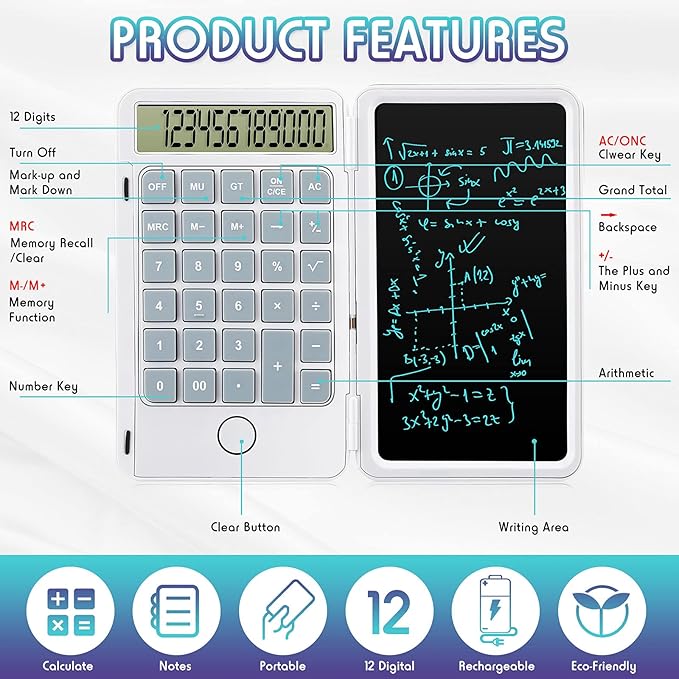 Hion Calculators,12-Digit Large Display Rechargeable Pocket Office Desktop Calculator with Erasable Wiriting Tablet,Mute Basic Desk Calculators with Doodle Pad for Student Home School,White