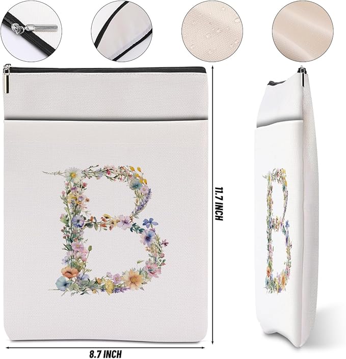 Monogrammed Book Sleeve Floral B Initial Book Pouch Book Accessories Book Lovers Gifts Waterproof Book Cover Book Protector Bookish Gifts Personalized Gifts for Women Girls Readers Bride Teacher