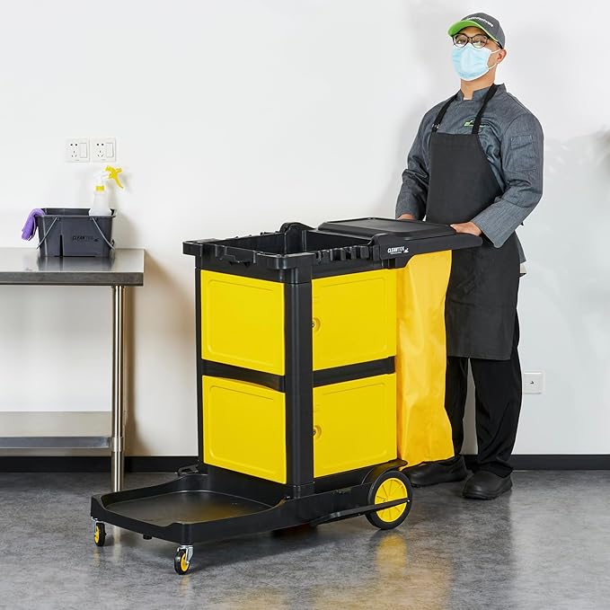 Restaurantware-Clean Tek Professional 3-Shelf Janitor Cart with Wheels, 1 Cleaning Trolley with Cover and 21 Gallon Bag - Includes 1 Double Locking Cabinet, Heavy-Duty, Gray Plastic Janitorial Cart