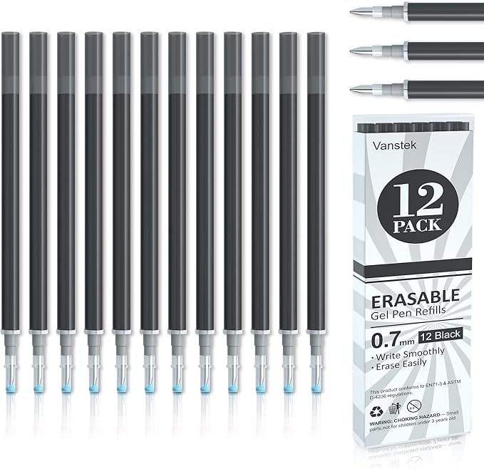 Vanstek 12 Black Erasable Gel Pen Refills, Gel Ink Refills Compatible with FriXion & Friction Erasable Pens, Fine Point 0.7 mm, Perfect for Writing Planner & Crossword Puzzles