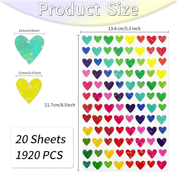 Shiny Heart Shape Stickers, 0.5 Inch Glitter Heart Stickers for Kids Reward/Birthday Party Decoration/Wedding/Classroom Teacher Supplies(Multicolored)
