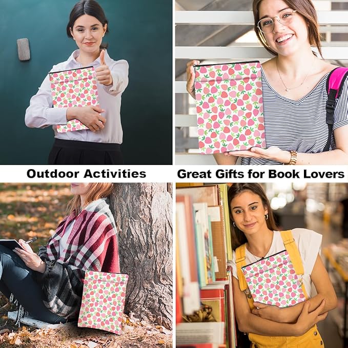 Strawberry Pattern Book Lovers Gifts Waterproof Book Sleeve Book Pouch Book Protector with Zipper and Front Pocket BookCover Case for Women Girl Sister Bestie Book Accessories Book Club Gifts