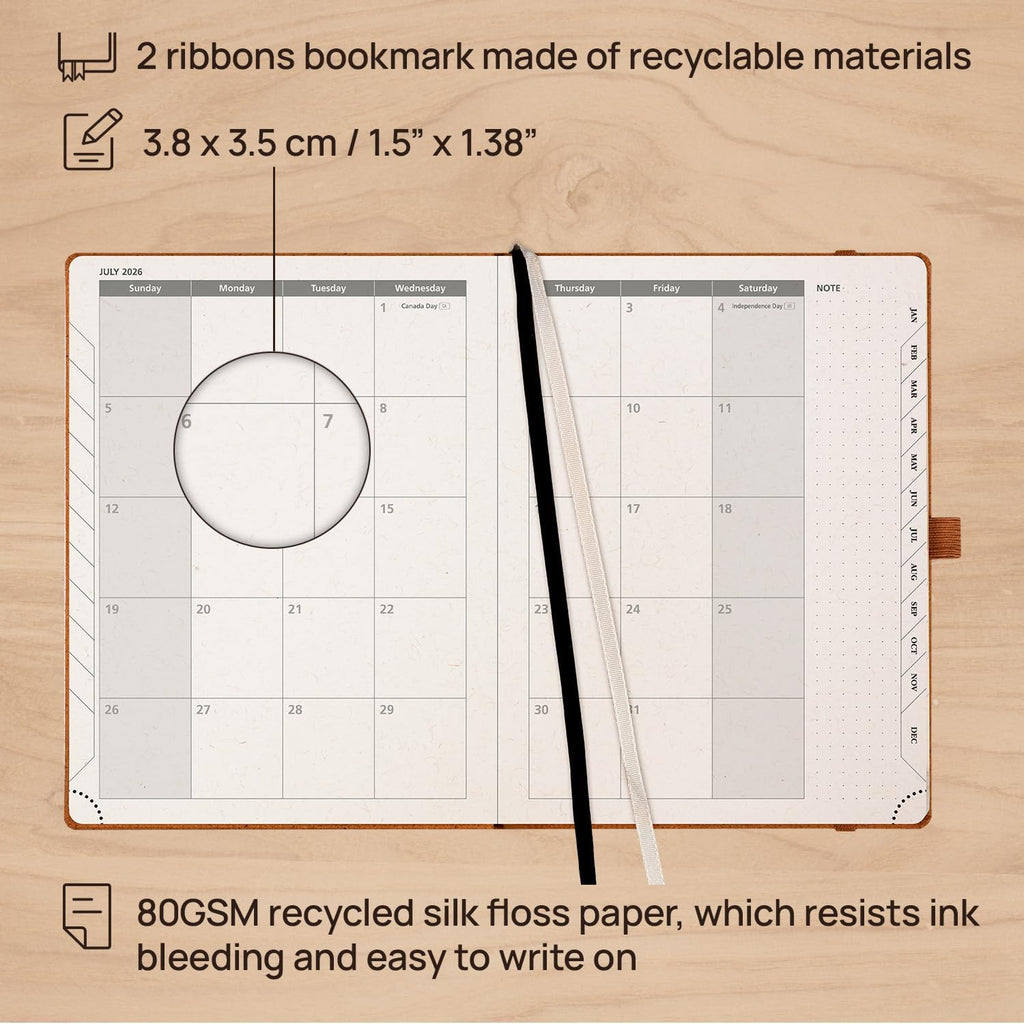 POPRUN 2026 Planner - 2026 Recycled Weekly Planner[6.5''x 8.5''- Italian Regenrated Leather Hard Cover] with Hourly Schedule & Vertical Weekly Layout, Monthly Tabs, Inner Pocket - Black Grey