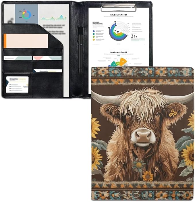 Cozeyat Padfolio with Clipboard for Men PU Leather Notepad Holder Legal Pad Holder Notebook Holder Western Highland Cow Padfolio - Business Gift
