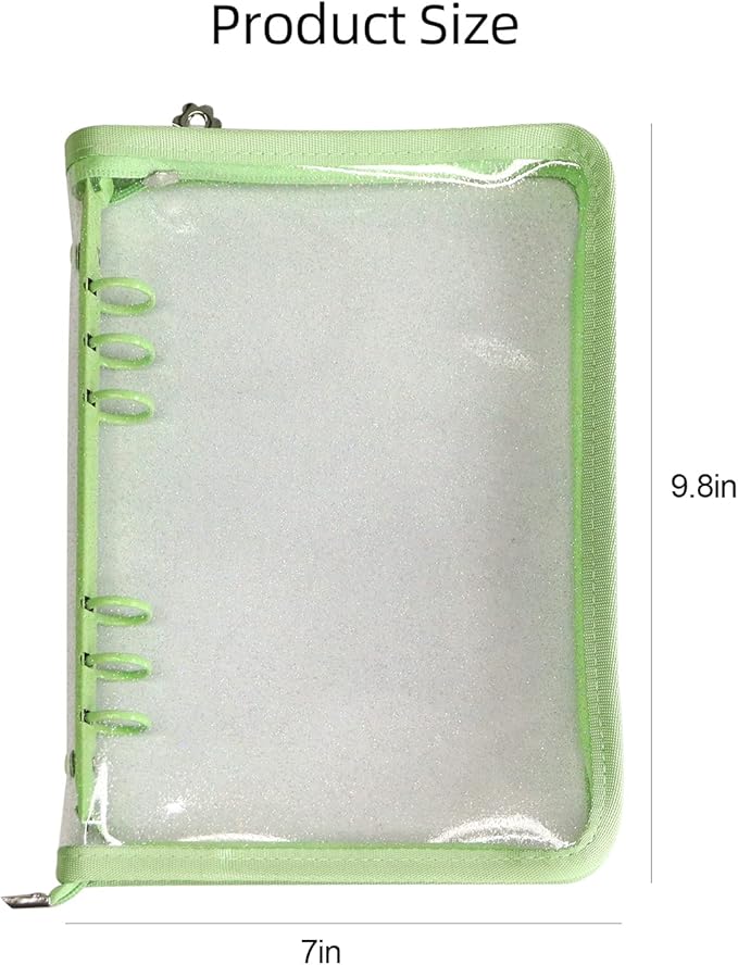 Multibey A5 Binder Cover Clear Soft PVC 6-Ring Binder Budget Evelopes System with Zipper Planner Organizer Refillable Notebook Journal Binder (Grass Green, A5)